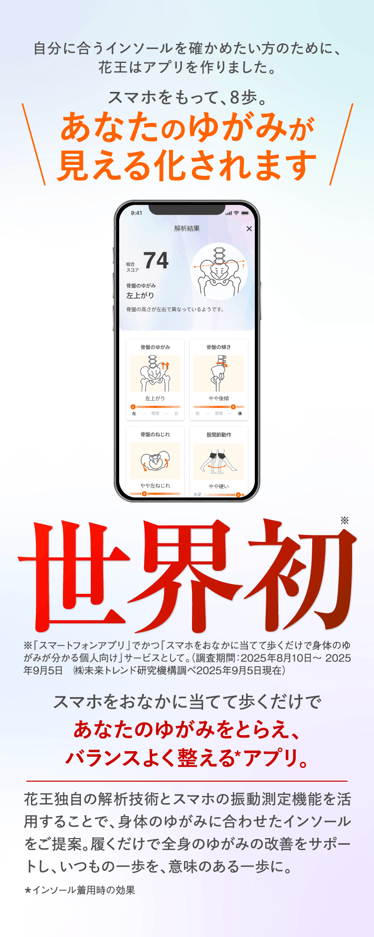 自分に合うインソールを確かめたい方のために、花王はアプリを作りました。スマホをもって、8歩。あなたのゆがみが見える化されます