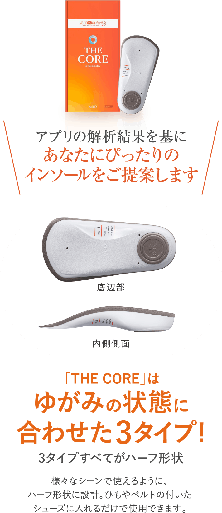 アプリの解析結果を基にあなたにぴったりのインソールをご提案します ゆがみの状態に合わせた3タイプ!