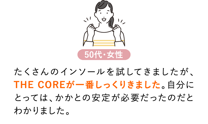 たくさんのインソールを試してきましたが、THE COREが一番しっくりきました。自分にとっては、かかとの安定が必要だったのだとわかりました。
