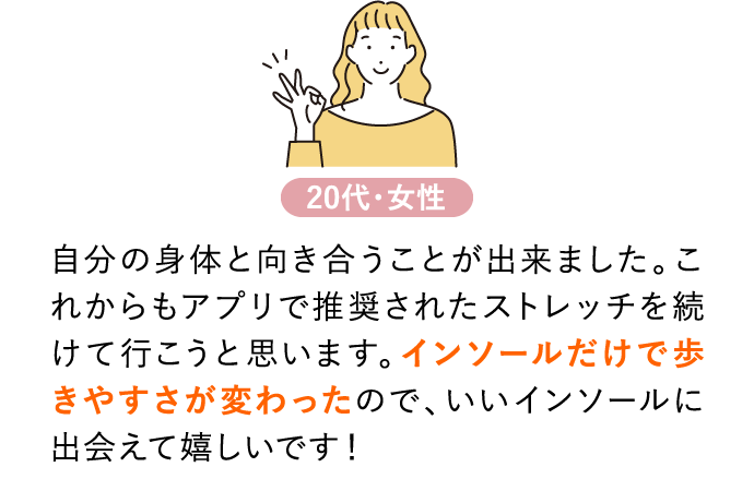 自分の身体と向き合うことが出来ました。これからもアプリで推奨されたストレッチを続けて行こうと思います。インソールだけで歩きやすさが変わったので、いいインソールに出会えて嬉しいです！