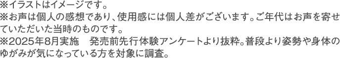 ※イラストはイメージです。※お声は個人の感想であり、使用感には個人差がございます。ご年代はお声を寄せていただいた当時のものです。※2025年8月実施　発売前先行体験アンケートより抜粋。普段より姿勢や身体のゆがみが気になっている方を対象に調査。
