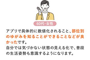 アプリで具体的に数値化されること、部位別のゆがみを知ることができることなどが良かったです。自分では気づかない状態の見える化で、普段の生活姿勢も意識するようになります。